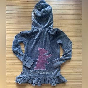 Super cute juicy velour hoodie with design on the back & ruffles on bottom!